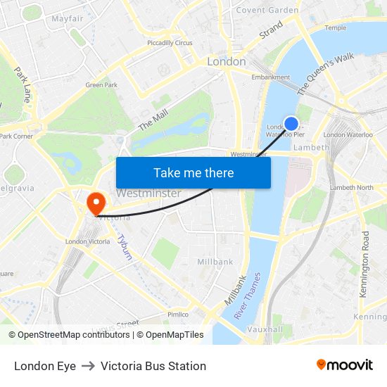 London Eye to Victoria Bus Station map