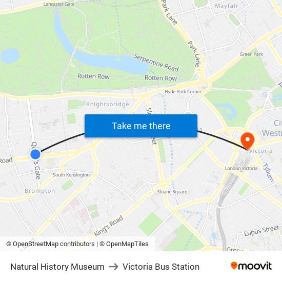 Natural Historic Museum to Victoria Bus Station map