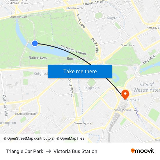 Triangle Car Park to Victoria Bus Station map