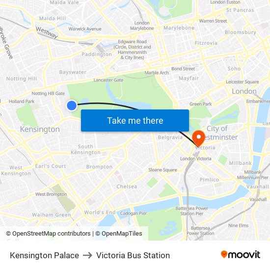 Kensington Palace to Victoria Bus Station map