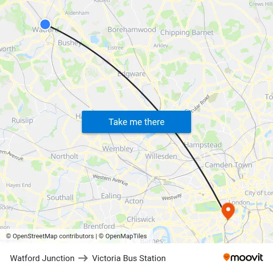 Watford Junction to Victoria Bus Station map