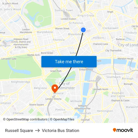 Russell Square to Victoria Bus Station map