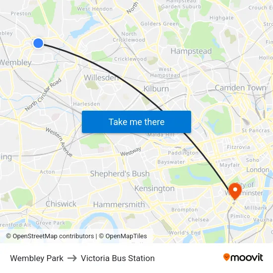 Wembley Park to Victoria Bus Station map