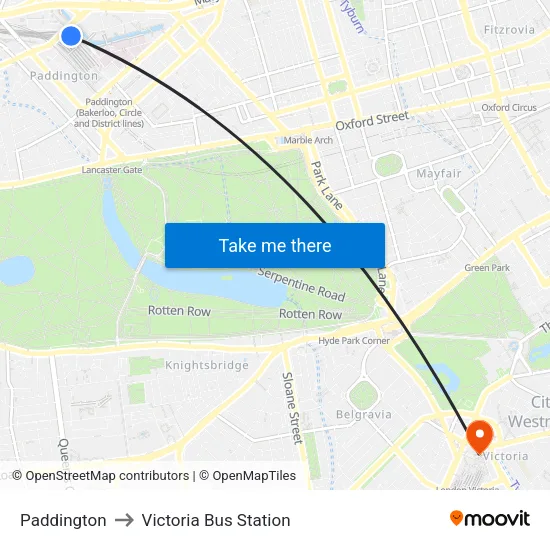 Paddington to Victoria Bus Station map
