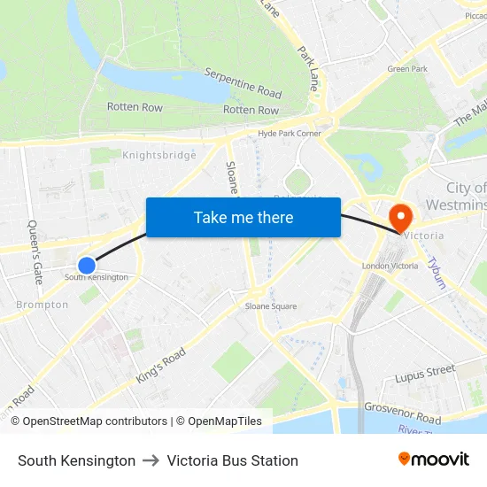 South Kensington to Victoria Bus Station map