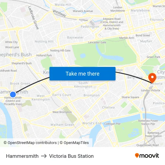 Hammersmith to Victoria Bus Station map