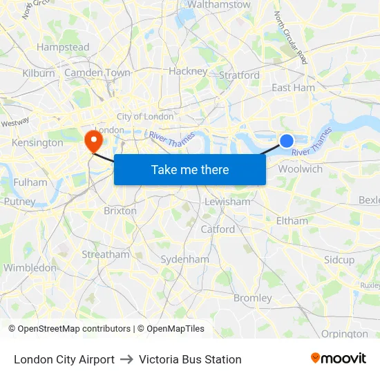London City Airport to Victoria Bus Station map