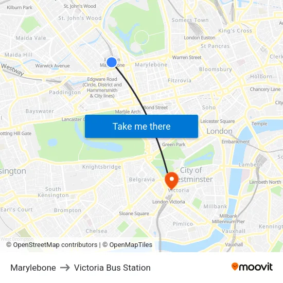Marylebone to Victoria Bus Station map