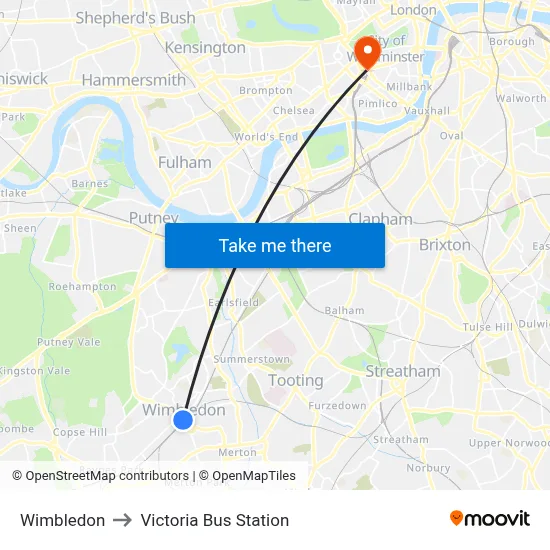 Wimbledon to Victoria Bus Station map