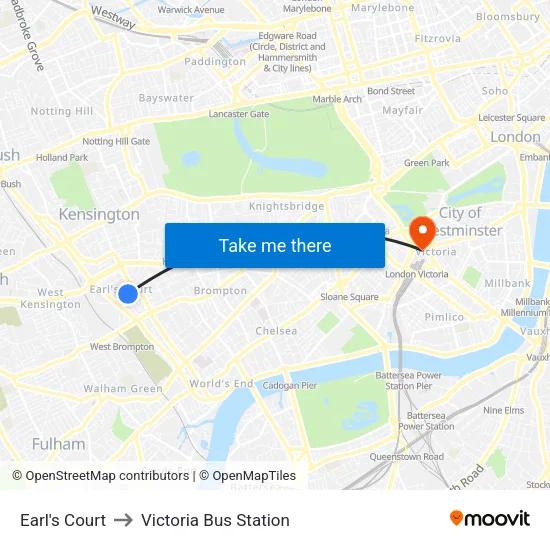 Earl's Court to Victoria Bus Station map