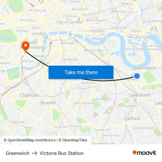 Greenwich to Victoria Bus Station map