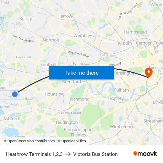 Heathrow Terminals 1,2,3 to Victoria Bus Station map