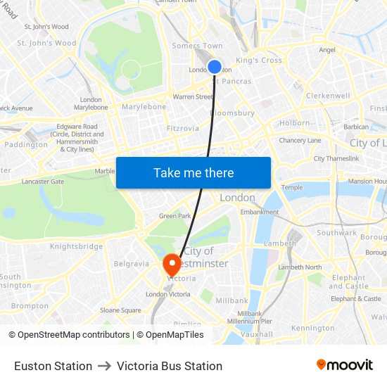 Euston Station to Victoria Bus Station map