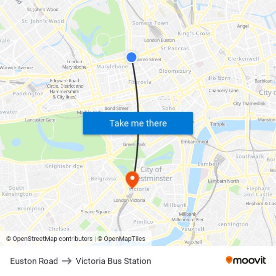 Euston Road to Victoria Bus Station map