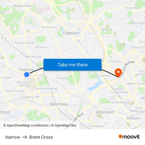 Harrow to Brent Cross map