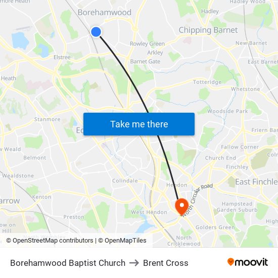 Borehamwood Baptist Church to Brent Cross map