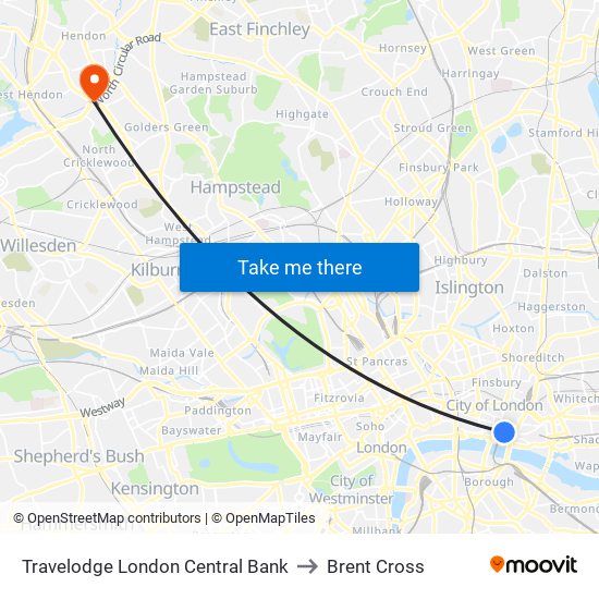 Travelodge London Central Bank to Brent Cross map