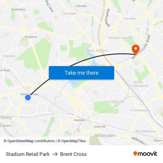 Stadium Retail Park to Brent Cross map