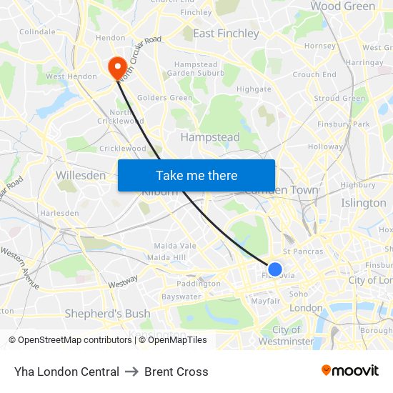 Yha London Central to Brent Cross map