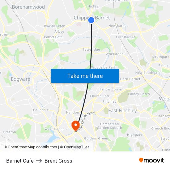Barnet Cafe to Brent Cross map