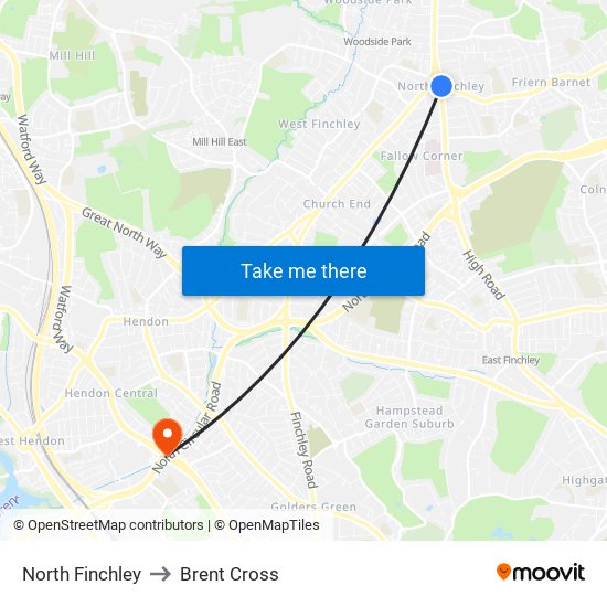 North Finchley to Brent Cross map