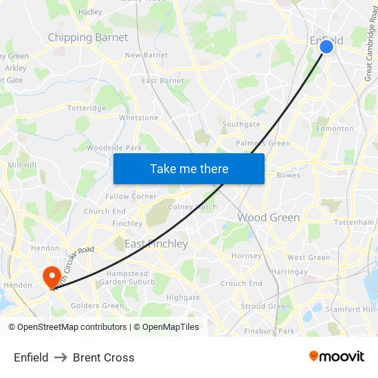 Enfield to Brent Cross map