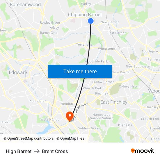 High Barnet to Brent Cross map