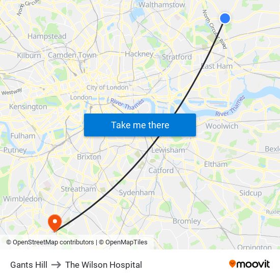 Gants Hill to The Wilson Hospital map