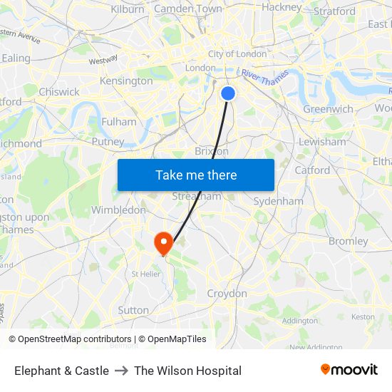 Elephant & Castle to The Wilson Hospital map