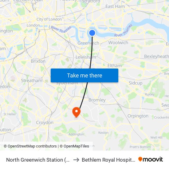 North Greenwich Station (B) to Bethlem Royal Hospital map