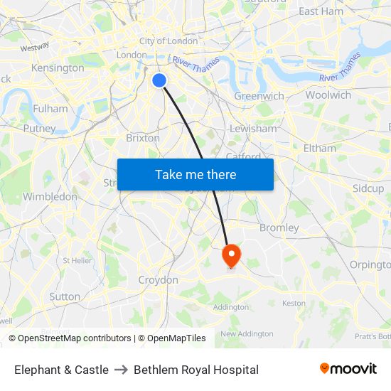 Elephant & Castle to Bethlem Royal Hospital map
