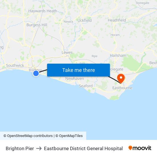 Brighton Pier to Eastbourne District General Hospital map