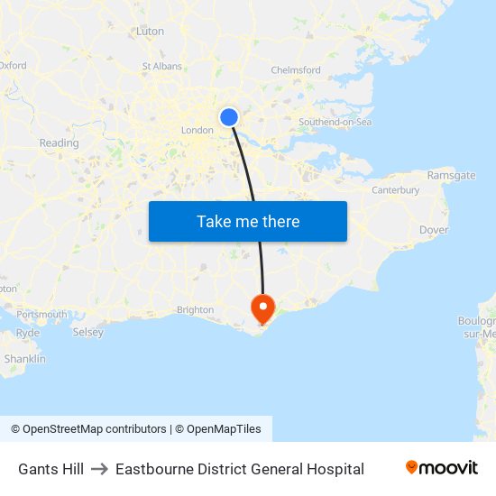 Gants Hill to Eastbourne District General Hospital map