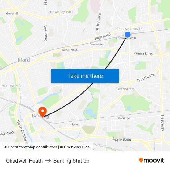 Chadwell Heath to Barking Station map