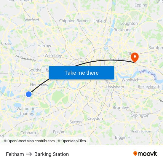 Feltham to Barking Station map