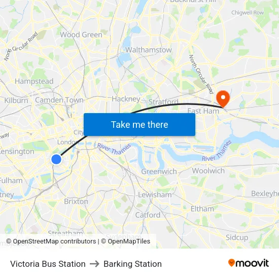 Victoria Bus Station to Barking Station map