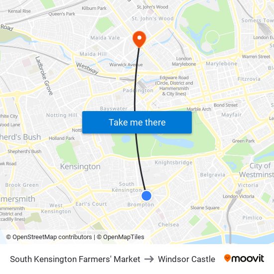 South Kensington Farmers' Market to Windsor Castle map