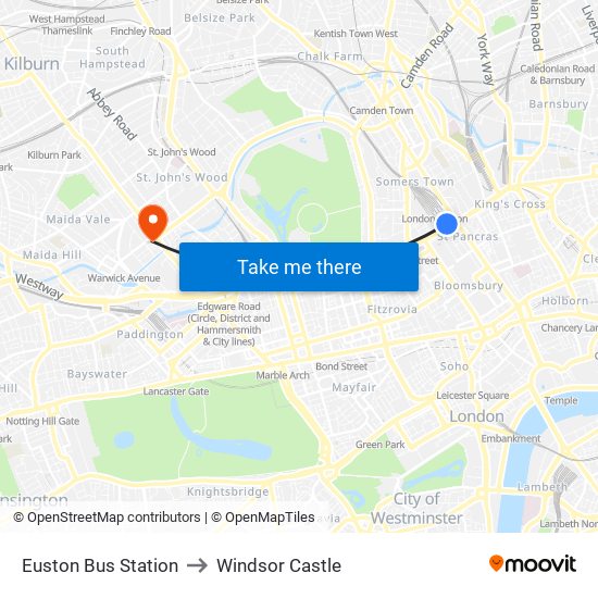 Euston Bus Station to Windsor Castle map