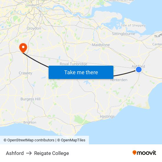 Ashford to Reigate College map