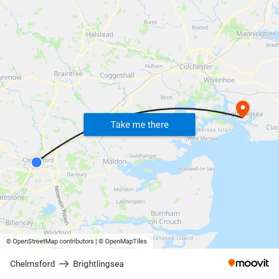 Chelmsford to Brightlingsea map