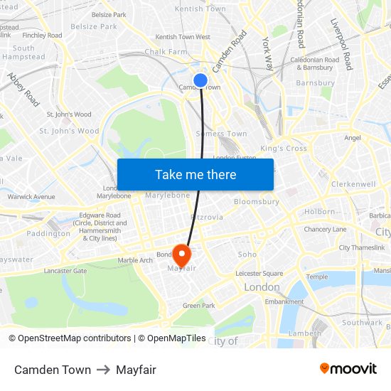 Camden Town to Mayfair map