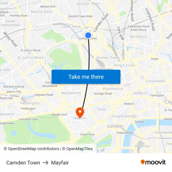 Camden Town to Mayfair map