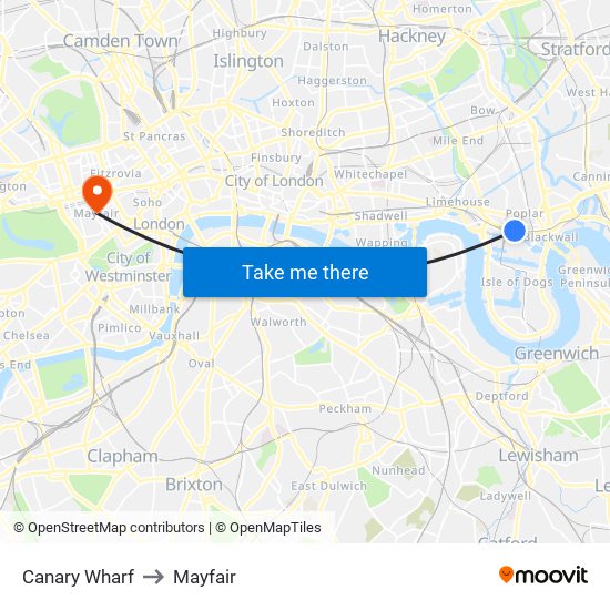 Canary Wharf to Mayfair map