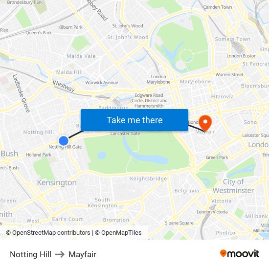 Notting Hill to Mayfair map