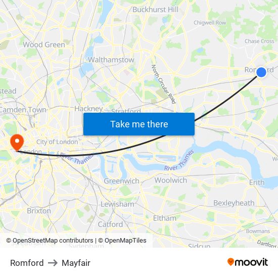 Romford to Mayfair map