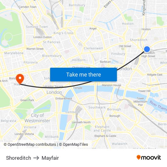 Shoreditch to Mayfair map