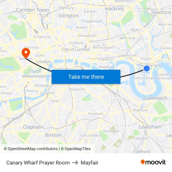 Canary Wharf Prayer Room to Mayfair map