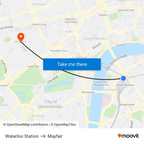 Waterloo Station to Mayfair map