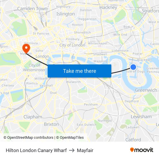 Hilton London Canary Wharf to Mayfair map