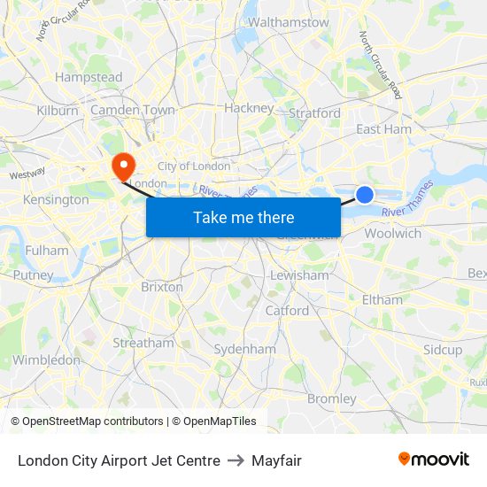 London City Airport Jet Centre to Mayfair map